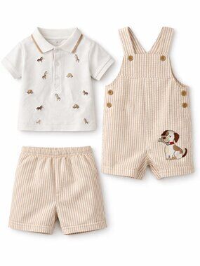 NWT Little Me Baby Boy 3PC Outfit Set Polo Shirt Shorts & Romper Neutral Stripe
